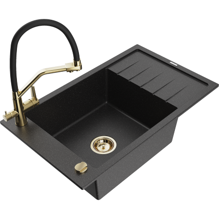 Mexen Elias granite kitchen sink 1-bowl with drainer and Duo kitchen faucet, black/silver metallic - 6511-73-671701-57-G