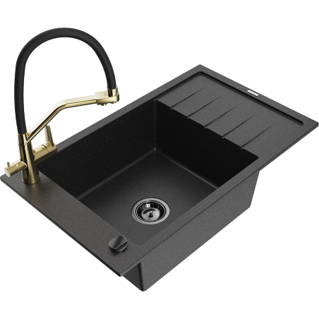 Mexen Elias 1-bowl granite sink with drainer and Duo kitchen faucet, black/silver metallic - 6511-73-671701-57-B