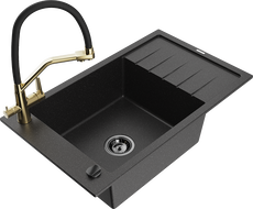 Mexen Elias granite sink 1-bowl with drainer and Duo kitchen faucet, black/silver metallic - 6511-73-671701-57-B