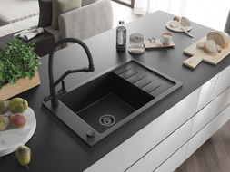 Mexen Elias granite kitchen sink 1-bowl with drainer and Duo kitchen faucet, black/silver metallic - 6511-73-671701-70-B