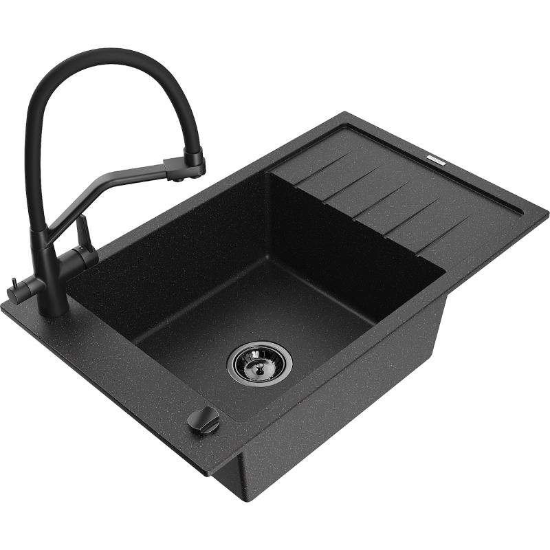 Mexen Elias 1-bowl granite sink with drainer and Duo kitchen tap, black/silver metallic - 6511-73-671701-70-B