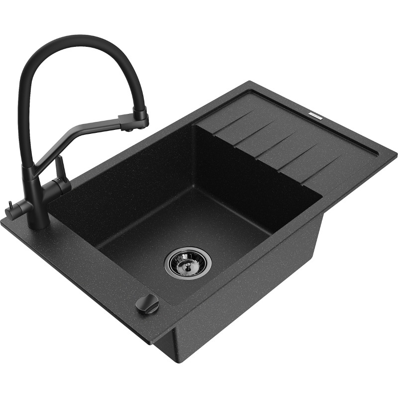 Mexen Elias granite kitchen sink 1-bowl with drainer and Duo kitchen faucet, black/silver metallic - 6511-73-671701-70-B