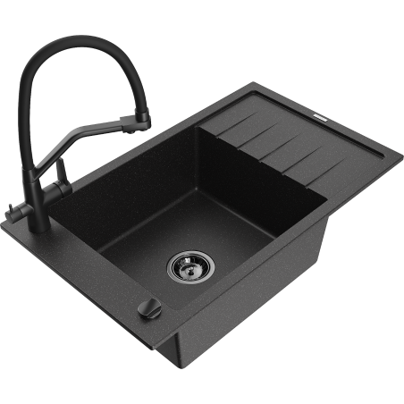 Mexen Elias granite kitchen sink 1-bowl with drainer and Duo kitchen faucet, black/silver metallic - 6511-73-671701-70-B