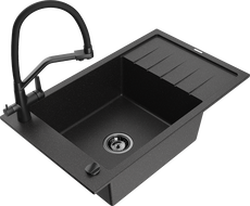 Mexen Elias granite kitchen sink 1-bowl with drainer and kitchen faucet Duo, black/silver metallic - 6511-73-671701-70-B