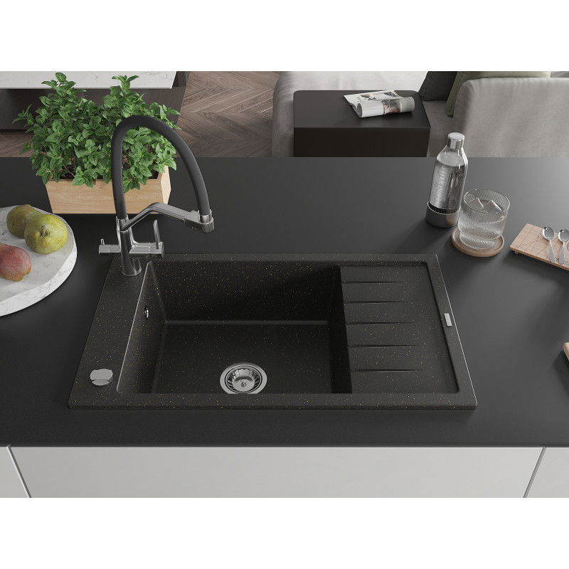 Mexen Elias granite sink 1-bowl with drainer and Duo kitchen tap, black/gold metallic - 6511-75-671701-07