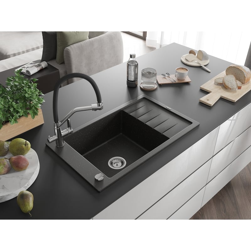 Mexen Elias granite sink 1-bowl with drainer and Duo kitchen faucet, black/golden metallic - 6511-75-671701-07