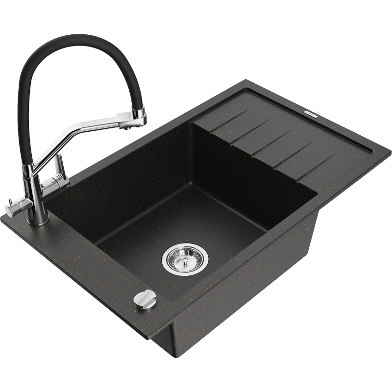Mexen Elias 1-compartment granite sink with a drip tray and kitchen mixer tap Duo, Black/ gold metallic - 6511-75-671701-07