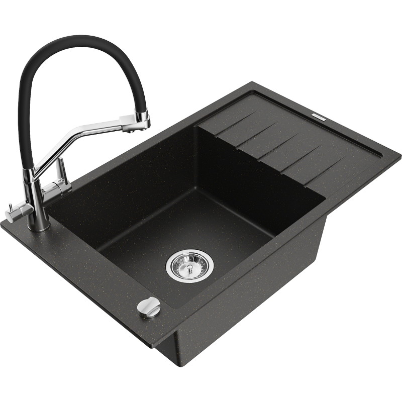 Mexen Elias granite kitchen sink with drainer and Duo faucet, black/gold metallic - 6511-75-671701-07