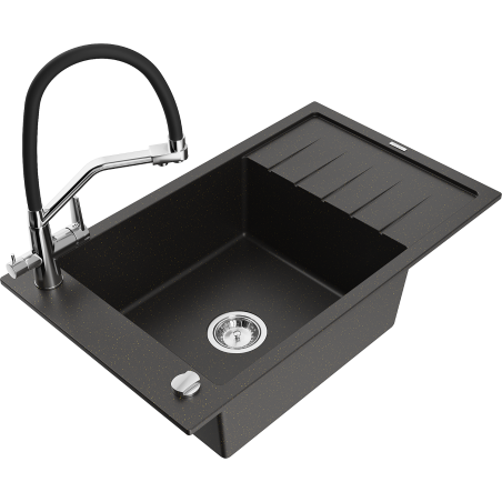 Mexen Elias granite sink 1-bowl with drainer and Duo kitchen faucet, black/golden metallic - 6511-75-671701-07