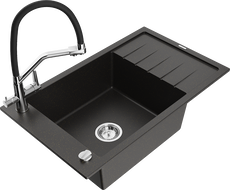 Mexen Elias granite sink 1-bowl with drainer and Duo kitchen faucet, black/golden metallic - 6511-75-671701-07