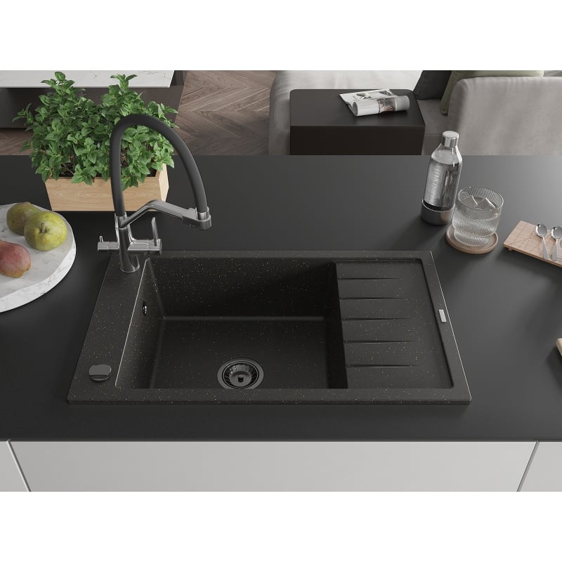 Mexen Elias 1-Bowl Granite Sink with Drainer and Duo Kitchen Faucet, Black/Gold Metallic - 6511-75-671701-07-B