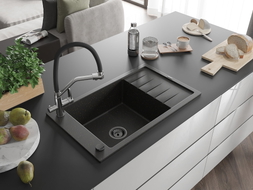 Mexen Elias 1-Bowl Granite Sink with Drainer and Duo Kitchen Faucet, Black/Gold Metallic - 6511-75-671701-07-B