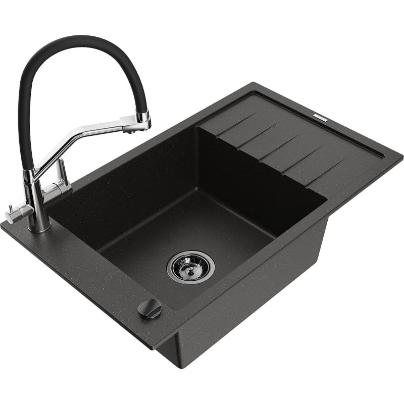 Mexen Elias 1-Bowl Granite Sink with Drainer and Duo Kitchen Faucet, Black/Gold Metallic - 6511-75-671701-07-B
