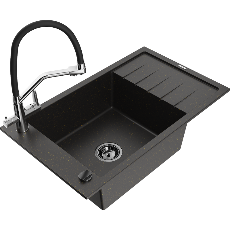 Mexen Elias 1-compartment granite sink with a drip tray and kitchen mixer tap Duo, Black/ gold metallic - 6511-75-671701-07-B