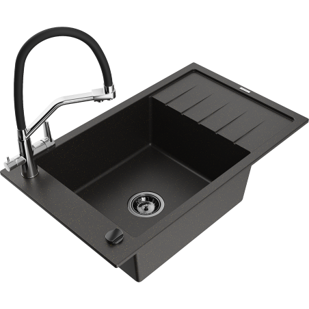 Mexen Elias 1-Bowl Granite Sink with Drainer and Duo Kitchen Faucet, Black/Gold Metallic - 6511-75-671701-07-B