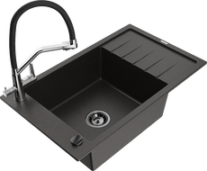 Mexen Elias 1-Bowl Granite Sink with Drainer and Duo Kitchen Faucet, Black/Gold Metallic - 6511-75-671701-07-B