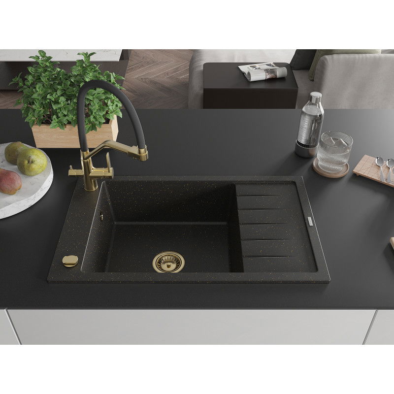 Mexen Elias granite sink 1-bowl with drainer and Duo kitchen tap, black/gold metallic - 6511-75-671701-57-G