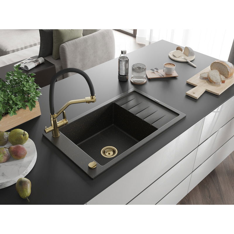 Mexen Elias granite sink 1-bowl with drainer and Duo kitchen tap, black/gold metallic - 6511-75-671701-57-G