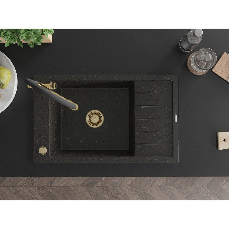 Mexen Elias granite sink 1-bowl with drainer and Duo kitchen tap, black/gold metallic - 6511-75-671701-57-G