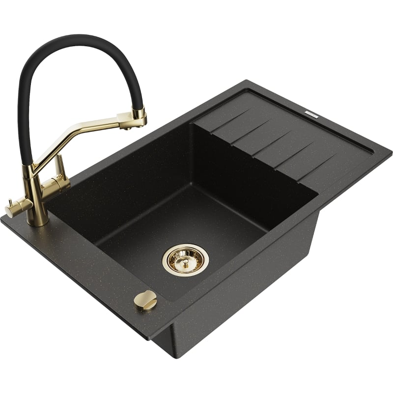 Mexen Elias granite kitchen sink 1-bowl with drainer and kitchen faucet Duo, black/gold metallic - 6511-75-671701-57-G