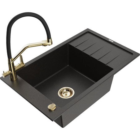 Mexen Elias granite kitchen sink 1-bowl with drainer and kitchen faucet Duo, black/gold metallic - 6511-75-671701-57-G