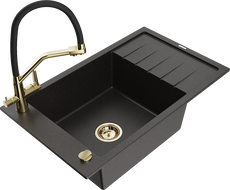 Mexen Elias granite sink 1-bowl with drainer and Duo kitchen tap, black/gold metallic - 6511-75-671701-57-G