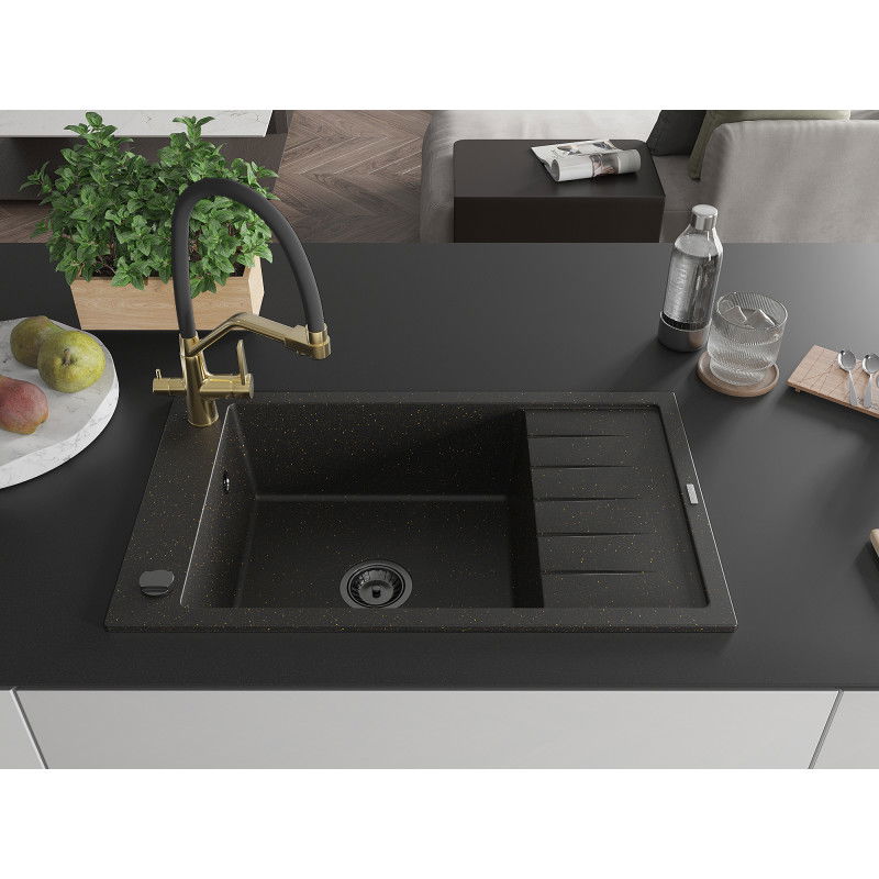 Mexen Elias granite kitchen sink 1-bowl with drainer and duo kitchen tap, black/golden metallic - 6511-75-671701-57-B