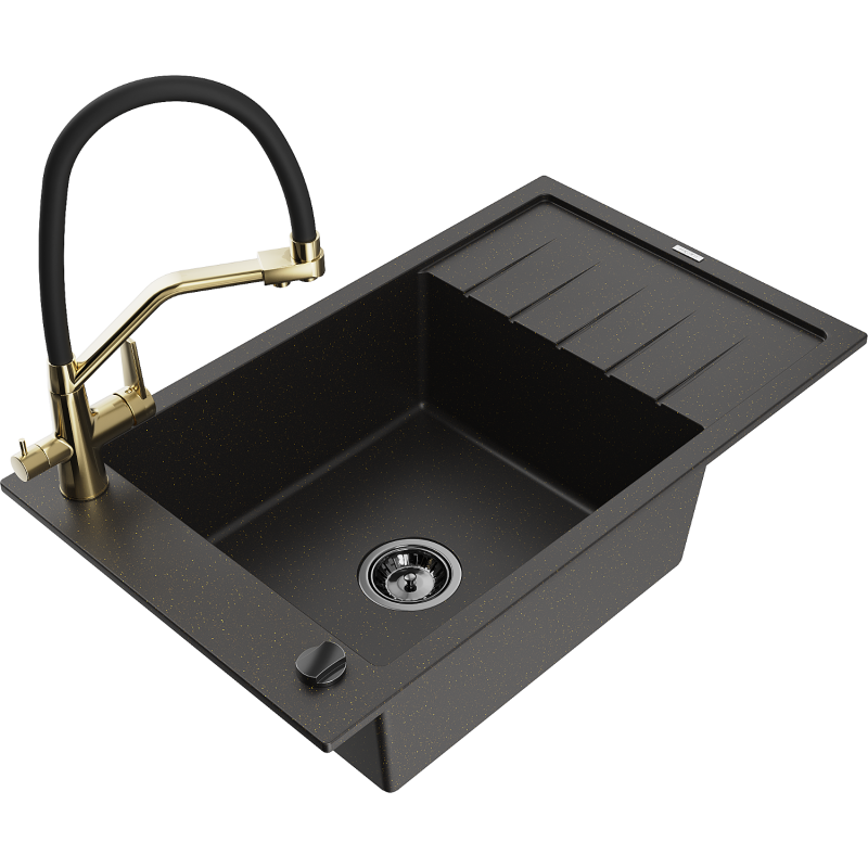 Mexen Elias 1-compartment granite sink with a drip tray and kitchen mixer tap Duo, Black/ gold metallic - 6511-75-671701-57-B