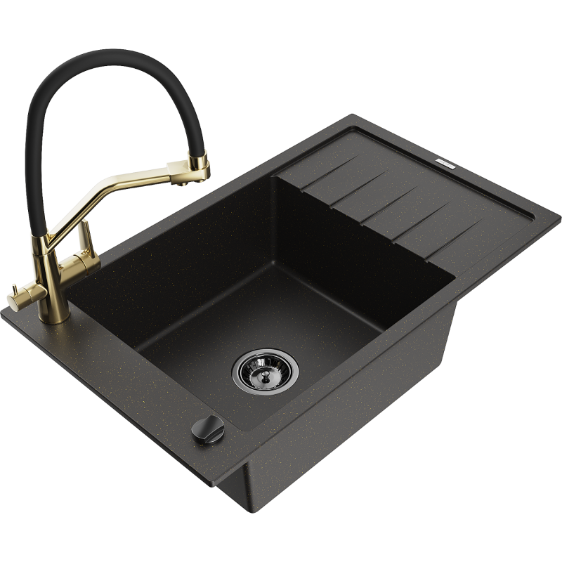 Mexen Elias granite kitchen sink 1-bowl with drainer and duo kitchen tap, black/golden metallic - 6511-75-671701-57-B