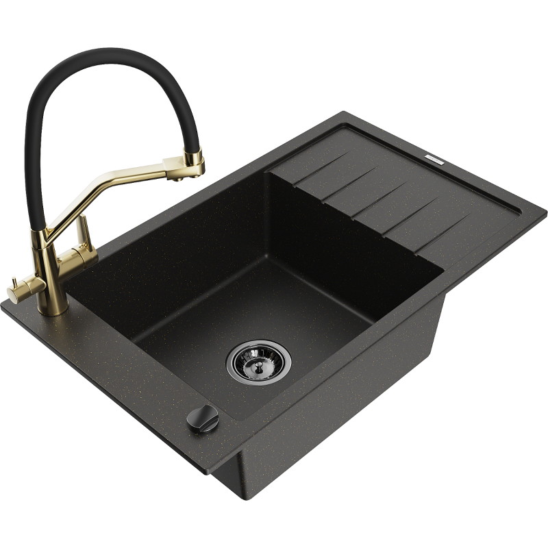 Mexen Elias granite sink 1-bowl with drainer and kitchen faucet Duo, black/gold metallic - 6511-75-671701-57-B