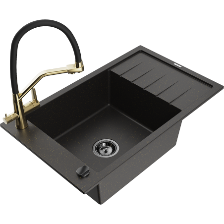 Mexen Elias granite kitchen sink 1-bowl with drainer and duo kitchen tap, black/golden metallic - 6511-75-671701-57-B