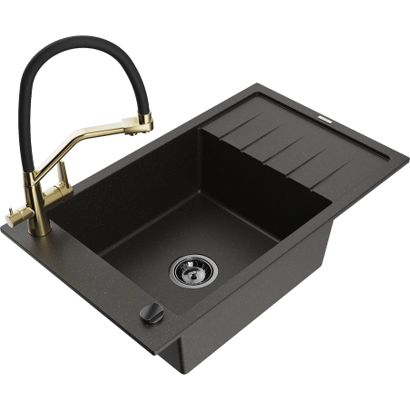 Mexen Elias granite sink 1-bowl with drainer and kitchen faucet Duo, black/gold metallic - 6511-75-671701-57-B