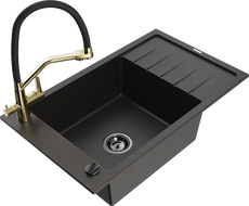 Mexen Elias granite sink 1-bowl with drainer and kitchen faucet Duo, black/gold metallic - 6511-75-671701-57-B
