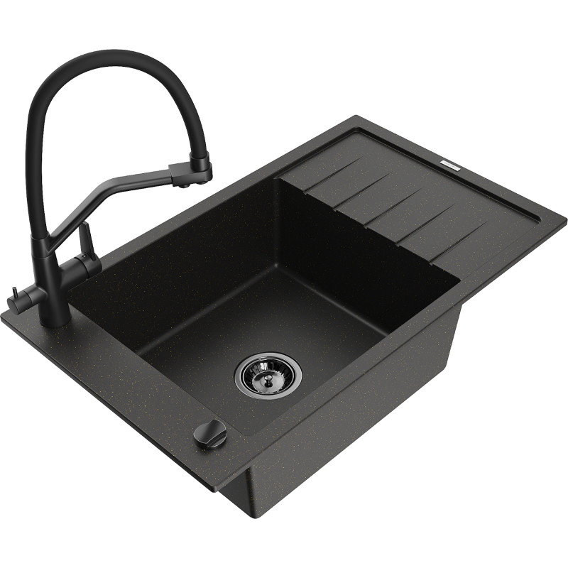 Mexen Elias 1-bowl granite sink with drainer and Duo kitchen faucet, black/gold metallic - 6511-75-671701-70-B