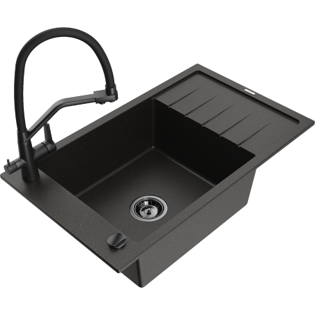 Mexen Elias 1-bowl granite sink with drainer and Duo kitchen faucet, black/gold metallic - 6511-75-671701-70-B