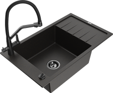 Mexen Elias 1-compartment granite sink with a drip tray and kitchen mixer tap Duo, Black/ gold metallic - 6511-75-671701-70-B