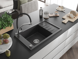 Mexen Elias 1-compartment granite sink with a drip tray and kitchen mixer tap Duo, Spotted black - 6511-76-671701-07