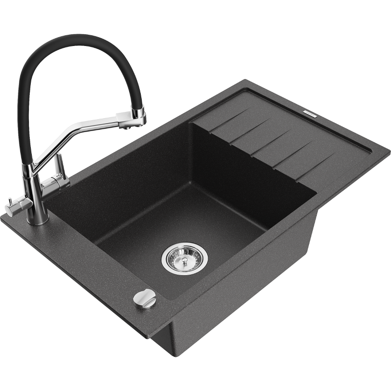 Mexen Elias 1-compartment granite sink with a drip tray and kitchen mixer tap Duo, Spotted black - 6511-76-671701-07