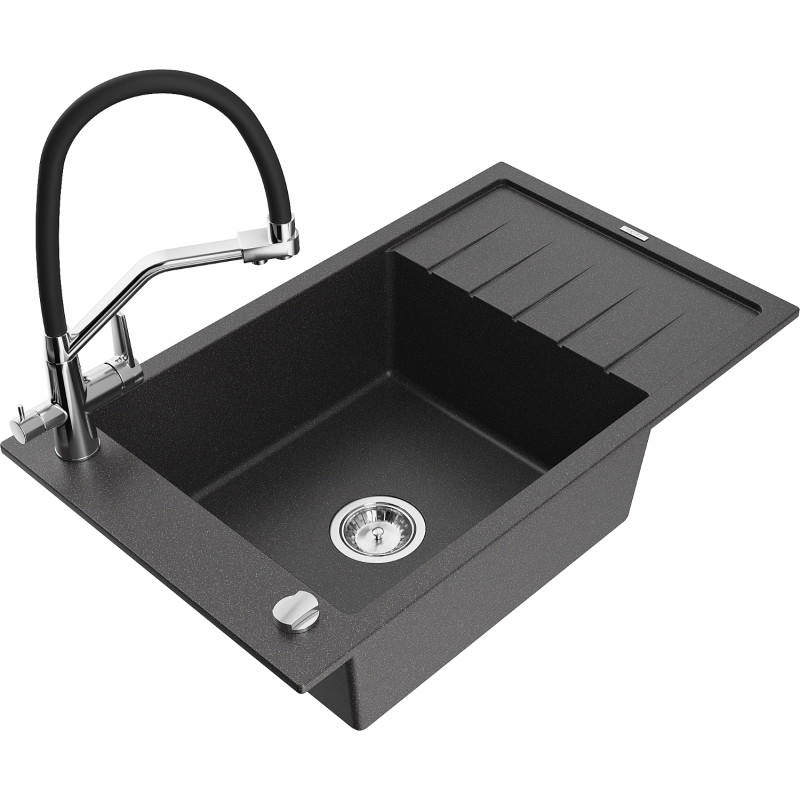 Mexen Elias granite sink 1-bowl with drainer and Duo kitchen faucet, speckled black - 6511-76-671701-07