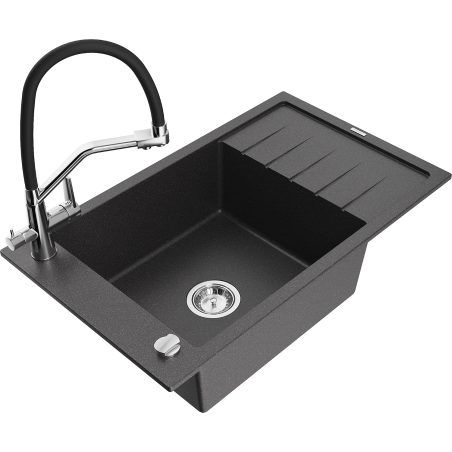 Mexen Elias single-bowl granite sink with drainer and Duo kitchen tap, black speckled - 6511-76-671701-07