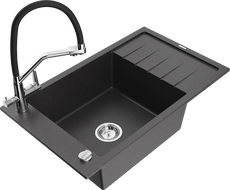 Mexen Elias granite kitchen sink 1-bowl with drainer and Duo kitchen faucet, black speckled - 6511-76-671701-07
