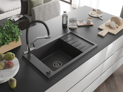 Mexen Elias granite sink 1-bowl with drainer and Duo kitchen faucet, speckled black - 6511-76-671701-07-B