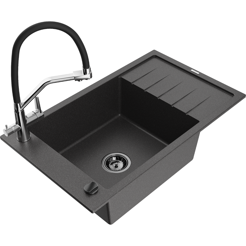 Mexen Elias 1-compartment granite sink with a drip tray and kitchen mixer tap Duo, Spotted black - 6511-76-671701-07-B
