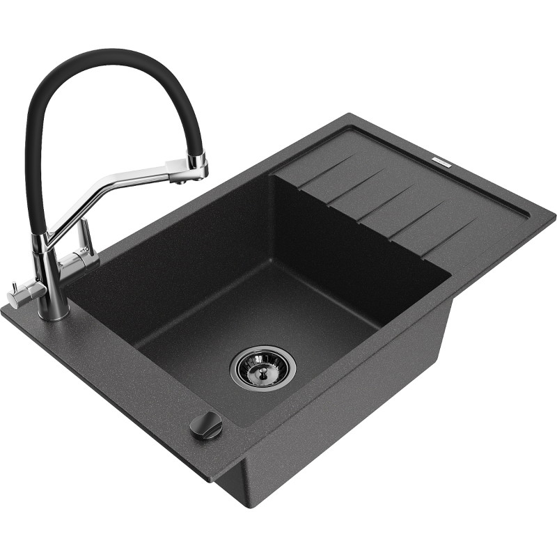 Mexen Elias granite sink 1-bowl with drainer and Duo kitchen faucet, speckled black - 6511-76-671701-07-B