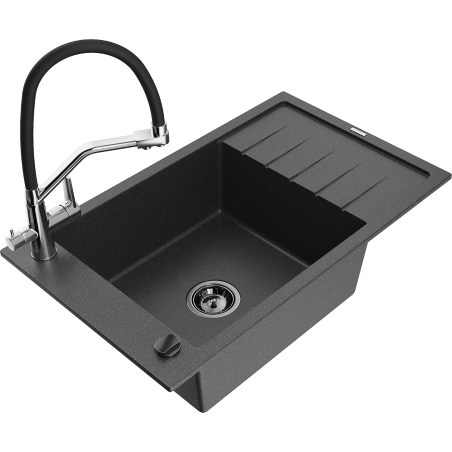 Mexen Elias granite sink 1-bowl with drainer and Duo kitchen faucet, speckled black - 6511-76-671701-07-B