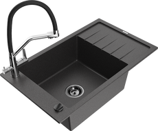 Mexen Elias granite sink 1-bowl with drainer and Duo kitchen faucet, speckled black - 6511-76-671701-07-B