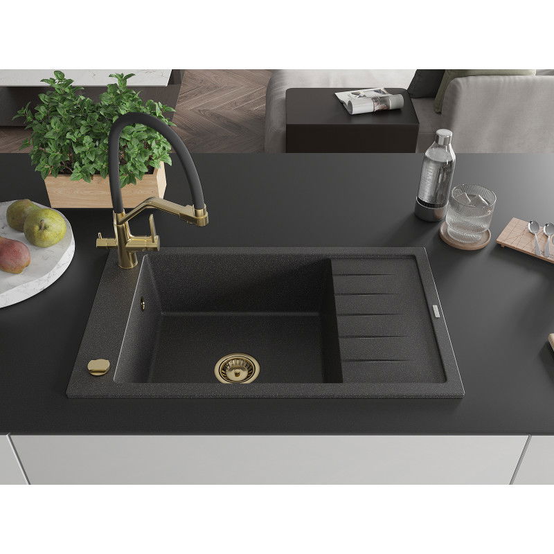 Mexen Elias 1-basin sink with draining board and Duo kitchen tap, speckled black - 6511-76-671701-57-G