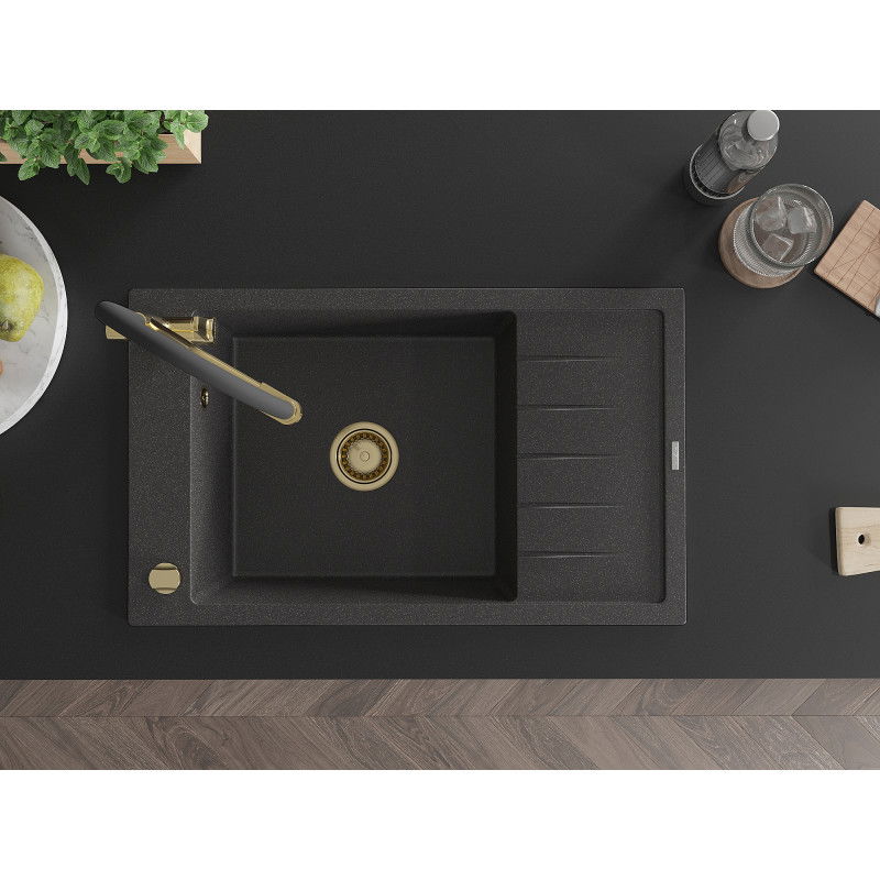 Mexen Elias 1-basin sink with draining board and Duo kitchen tap, speckled black - 6511-76-671701-57-G