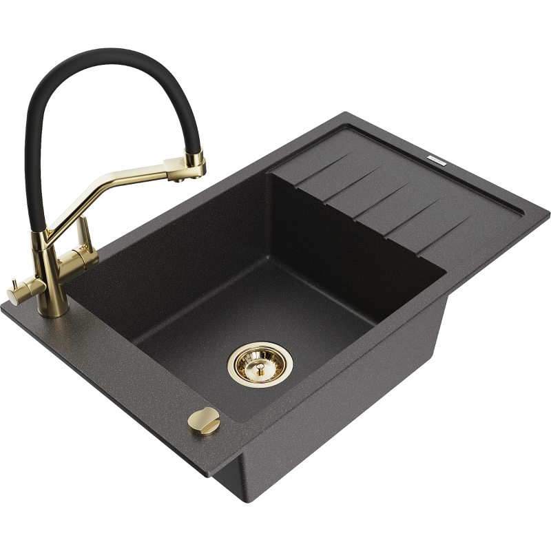 Mexen Elias 1-compartment granite sink with a drip tray and kitchen mixer tap Duo, Spotted black - 6511-76-671701-57-G