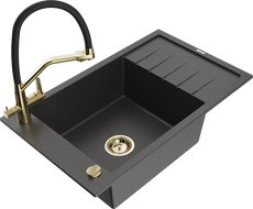 Mexen Elias granite kitchen sink 1-bowl with drainer and Duo kitchen faucet, speckled black - 6511-76-671701-57-G